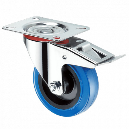 Колесо с эластичной СИНЕЙ резиной поворотное с тормозом (SRCLb 42) 100мм [9054100Е]