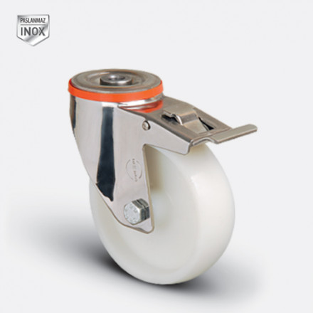 Колесо нейлоновое поворотное под болт М12 с тормозом 125 мм ( EM04-ZKZ-125-F INOX ) Нержавеющая сталь EM04-ZKZ-125-F INOX
