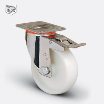 Колесо нейлоновое поворотное с тормозом 125 мм ( EM01-ZKZ-125-F INOX ) Нержавеющая сталь EM01-ZKZ-125-F INOX