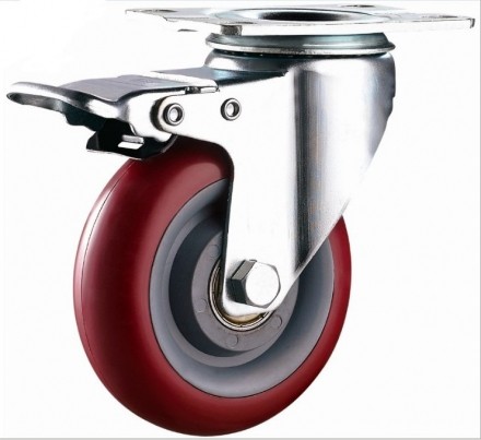 Колесо большегрузное полиуретановое поворотное с тормозом ПОЛИПРОПИЛЕН КРАСНЫЙ 75мм (Medium) 5024075 PP