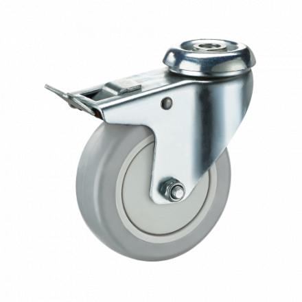 Колесо аппаратное серая резина под болт с тормозом 100мм отверстие М12 ПК усиленный 6757100